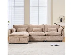 Sofá|Merax Sofá moderno de 3 lugares - 279 x 83 x 85 cm - com porta USB, bolso lateral e apoio para os pés com espaço de armazenamento - veludo - cáqui Caqui
