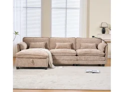 Sofá|Merax Sofá moderno de 3 lugares - 279 x 83 x 85 cm - com porta USB, bolso lateral e apoio para os pés com espaço de armazenamento - veludo - cáqui Caqui