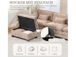 Sofá|Merax Sofá moderno de 3 lugares - 279 x 83 x 85 cm - com porta USB, bolso lateral e apoio para os pés com espaço de armazenamento - veludo - cáqui Caqui
