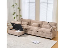 Sofá|Merax Sofá moderno de 3 lugares - 279 x 83 x 85 cm - com porta USB, bolso lateral e apoio para os pés com espaço de armazenamento - veludo - cáqui Caqui