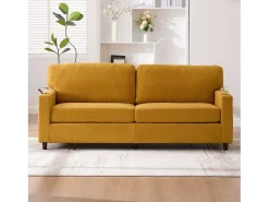 New Merax Sofá moderno de 2 lugares - 203 x 77,5 x 85 cm - com USB-C + LEDs + porta-copos e bolsos laterais - veludo - Amarelo