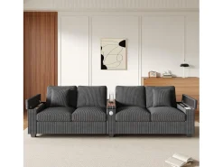 Sofá|Merax Sofá moderno de 4 lugares - 299 x 80 x 82,7 cm - com porta USB, apoio de braço dobrável e espaço de armazenamento oculto - veludo - cinza Cinzento