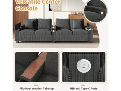 Sofá|Merax Sofá moderno de 4 lugares - 299 x 80 x 82,7 cm - com porta USB, apoio de braço dobrável e espaço de armazenamento oculto - veludo - cinza Cinzento