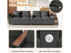 Sofá|Merax Sofá moderno de 4 lugares - 299 x 80 x 82,7 cm - com porta USB, apoio de braço dobrável e espaço de armazenamento oculto - veludo - cinza Cinzento
