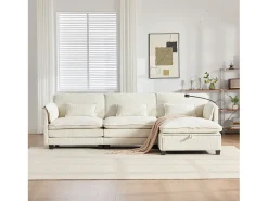 Sofá*Merax Sofá moderno de 3 lugares - 279 x 83 x 85 cm - com porta USB, bolso lateral e apoio para os pés com espaço de armazenamento - veludo - Bege