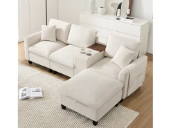 Sofá*Merax Sofá moderno de 4 lugares com apoio para os pés com espaço de armazenamento + 2 porta-copos + porta USB - 229 x 149,5 x 83 cm - Veludo - Bege