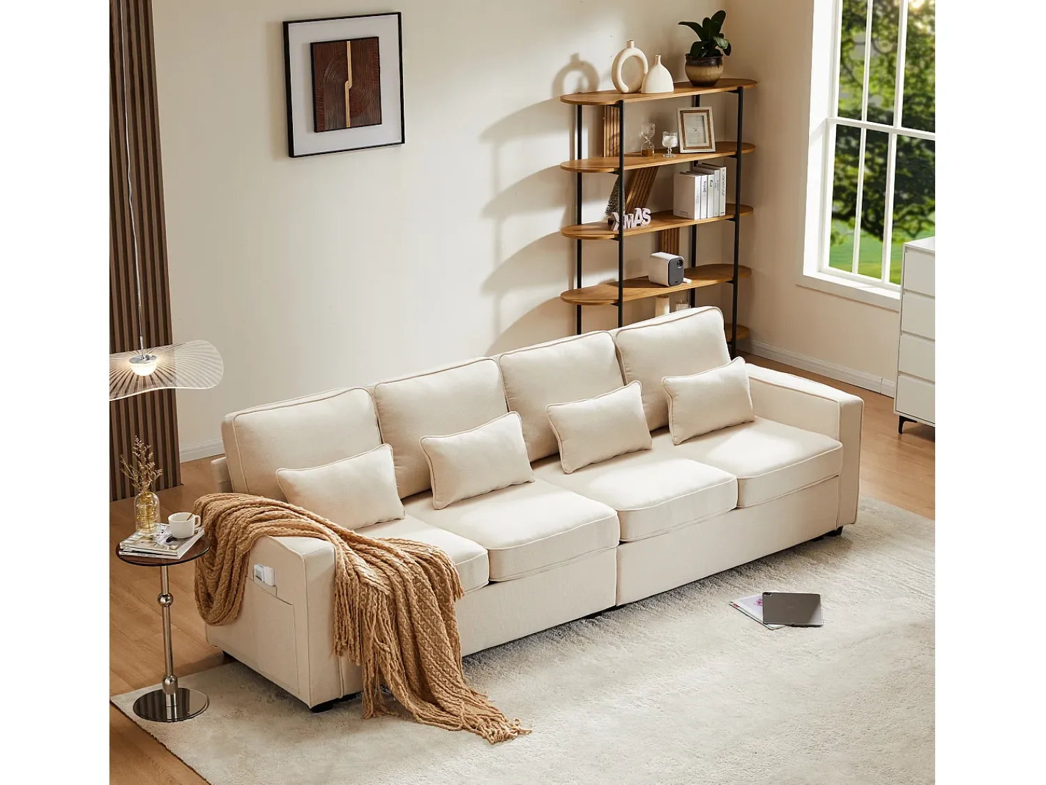 Hot Merax Sofá moderno de 4 lugares com 4 almofadas - 264 x 83 x 87 cm - Tecido de linho - Bege