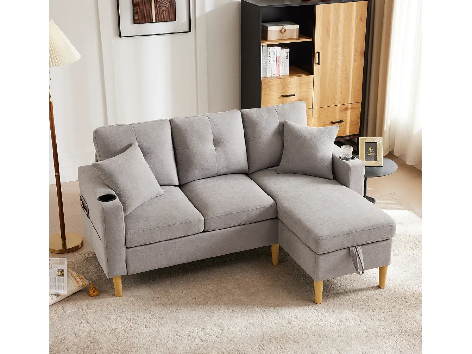 ModernLuxe Sofá moderno de 3 lugares em L - com 2 porta-copos - 2 almofadas - com armazenamento - cinza claro^ Sofá