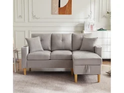 ModernLuxe Sofá moderno de 3 lugares em L - com 2 porta-copos - 2 almofadas - com armazenamento - cinza claro^ Sofá