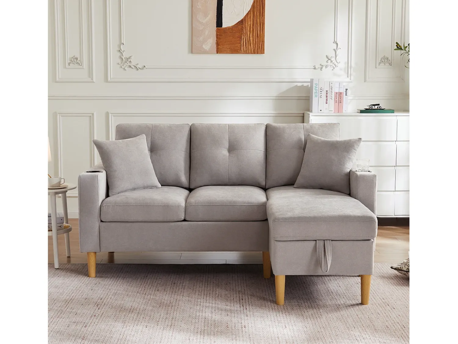 ModernLuxe Sofá moderno de 3 lugares em L - com 2 porta-copos - 2 almofadas - com armazenamento - cinza claro^ Sofá
