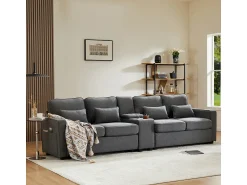Sale Sofá moderno de linho com 4 lugares, console, porta-copos, entradas USB, espaço para armazenamento e almofadas. Cinzento