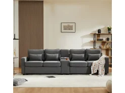 Sale Sofá moderno de linho com 4 lugares, console, porta-copos, entradas USB, espaço para armazenamento e almofadas. Cinzento