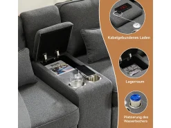 Sale Sofá moderno de linho com 4 lugares, console, porta-copos, entradas USB, espaço para armazenamento e almofadas. Cinzento