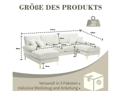 Merax Sofá moderno em U - 272 x 136 x 88 cm - com 2 assentos reclináveis para sala de estar e quarto - Chenille -^ Sofá