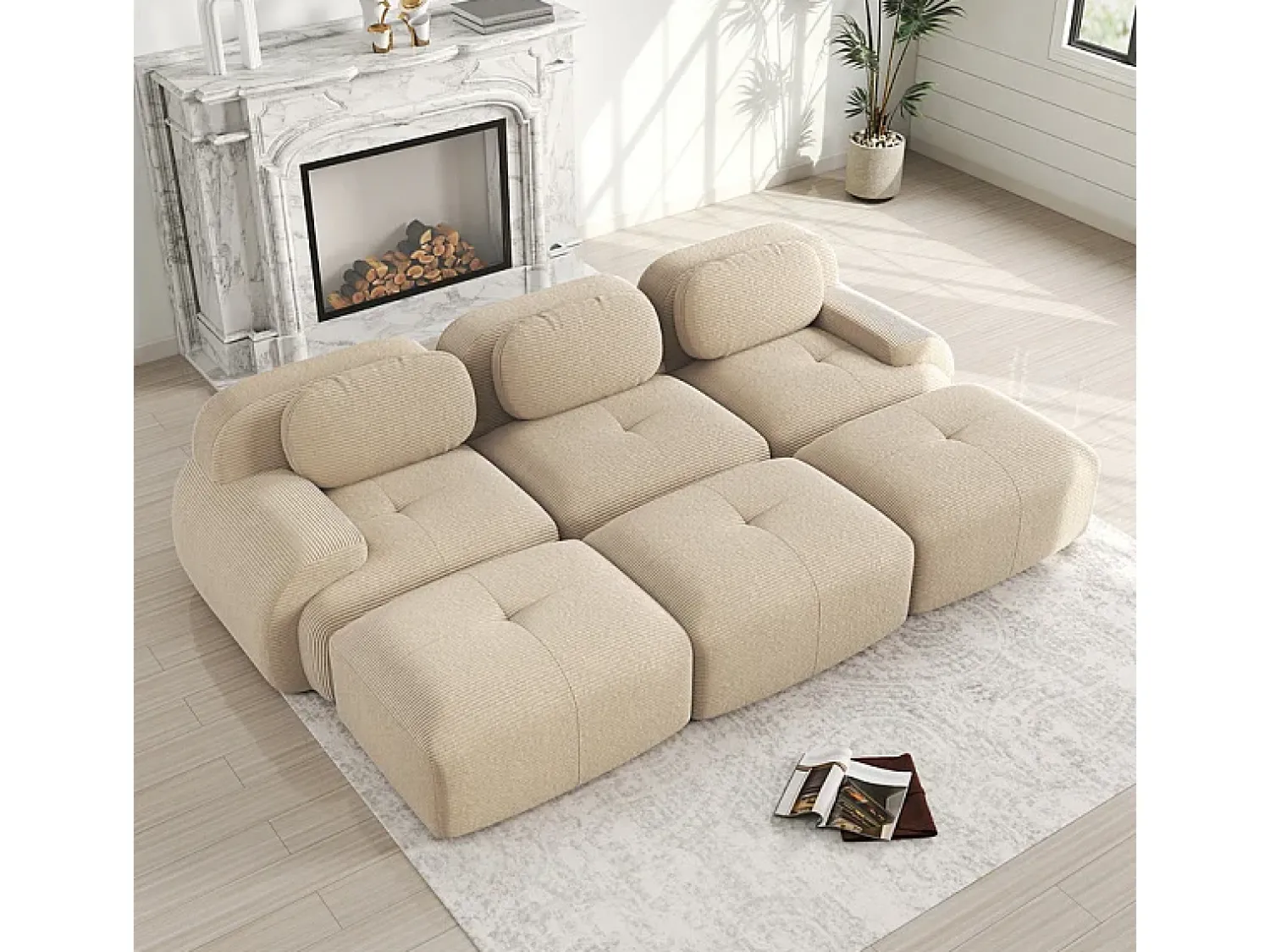 Sofá*DripeX Sofá modular 3 lugares + 3 puff - veludo côtelê - com 3 almofadas - densidade assento 32kg/m³ - 298x178x70cm - Bege