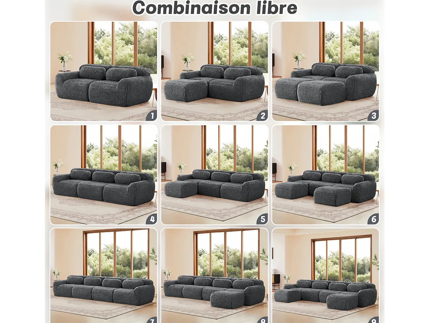 DripeX Sofá Modular 2 lugares em tecido peluche, com 2 almofadas, assento extra profundo 75cm, 204x104x73cm, Cinza Cinzento