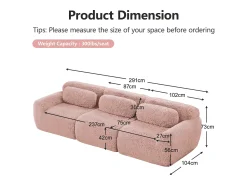 Sofá*DripeX Sofá Modular 3 lugares em tecido peluche, com 3 almofadas, sem estrutura, 291x104x73cm, Rosa