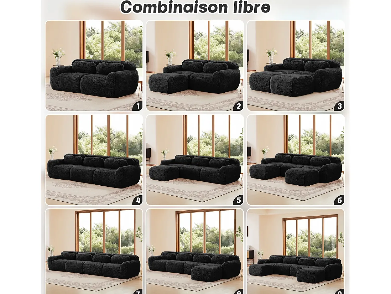 Sofá*DripeX Sofá Modular 3 lugares em tecido peluche, com 3 almofadas, sem estrutura, 291x104x73cm, Preto