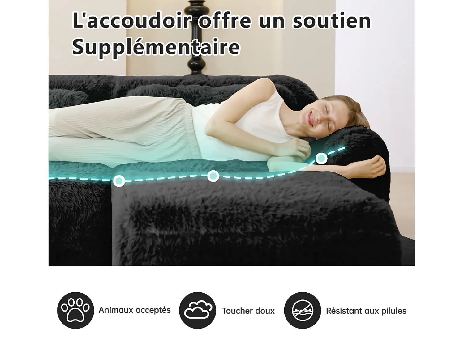 Sofá*DripeX Sofá Modular 3 lugares em tecido peluche, com 3 almofadas, sem estrutura, 291x104x73cm, Preto