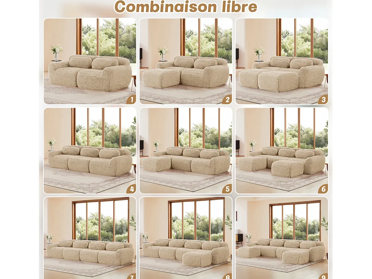 Sofá|DripeX Sofá Modular 4 lugares em tecido peluche, com 4 almofadas, sem estrutura, 378x104x73cm, Caqui
