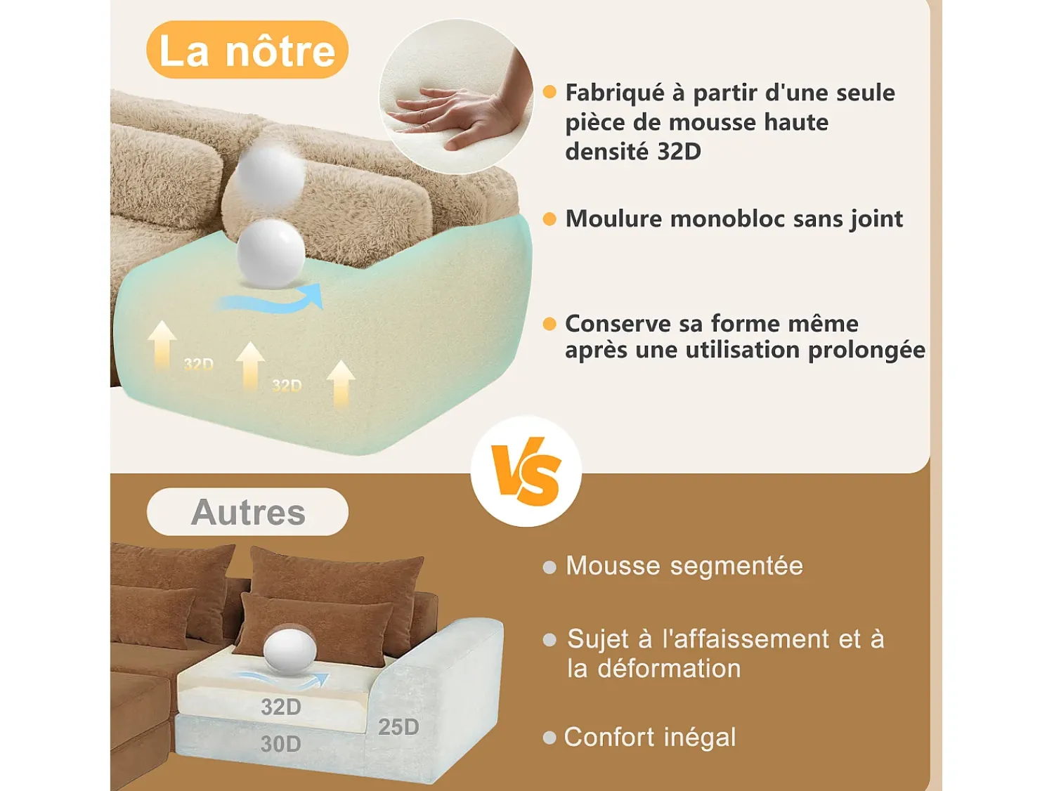 Sofá|DripeX Sofá Modular 4 lugares em tecido peluche, com 4 almofadas, sem estrutura, 378x104x73cm, Caqui