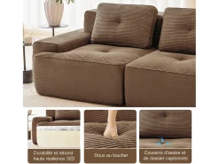 Sofá|DripeX Sofá Modular 4 lugares em Veludo cotelê, com puff e 4 almofadas, 382x177x69cm, Marrom Castanho