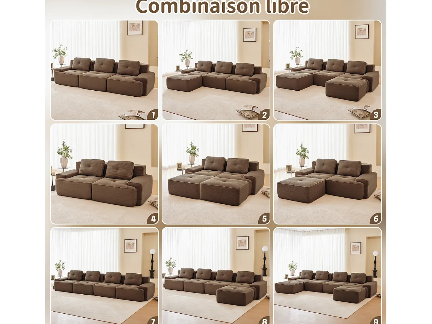 Sofá|DripeX Sofá Modular 2 lugares em Veludo cotelê, com puff e 2 almofadas, 204x177x69cm, Marrom Castanho