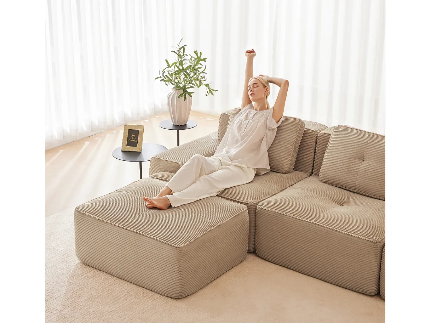 DripeX Sofá Modular 3 lugares em Veludo cotelê, com 3 almofadas, assento extra profundo 74cm, 293x104x69cm,^ Sofá