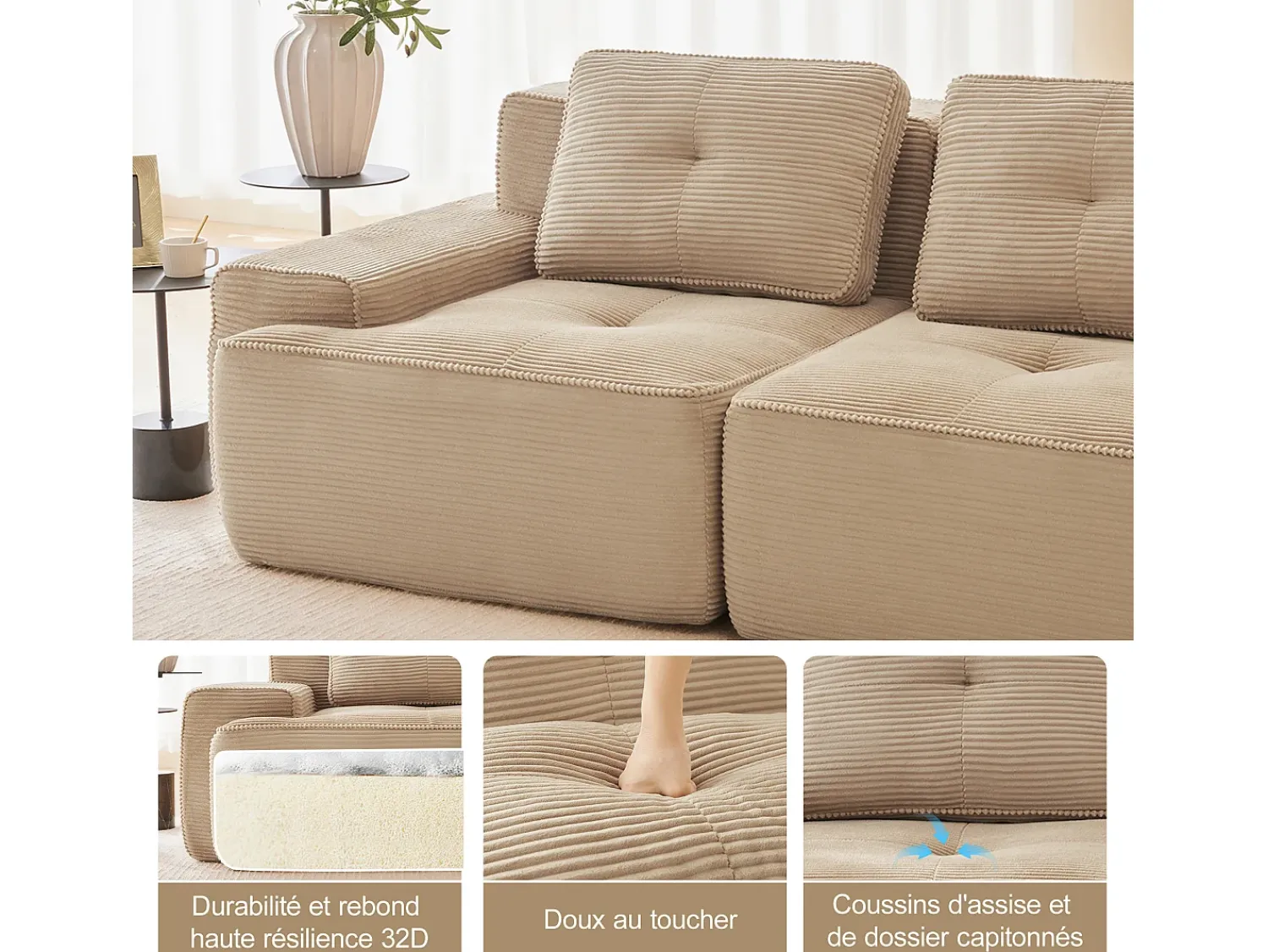 Sofá|DripeX Sofá Modular 4 lugares em Veludo cotelê, com puff e 4 almofadas, 382x177x69cm, Bege