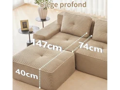 Sofá|DripeX Sofá Modular 4 lugares em Veludo cotelê, com puff e 4 almofadas, 382x177x69cm, Bege