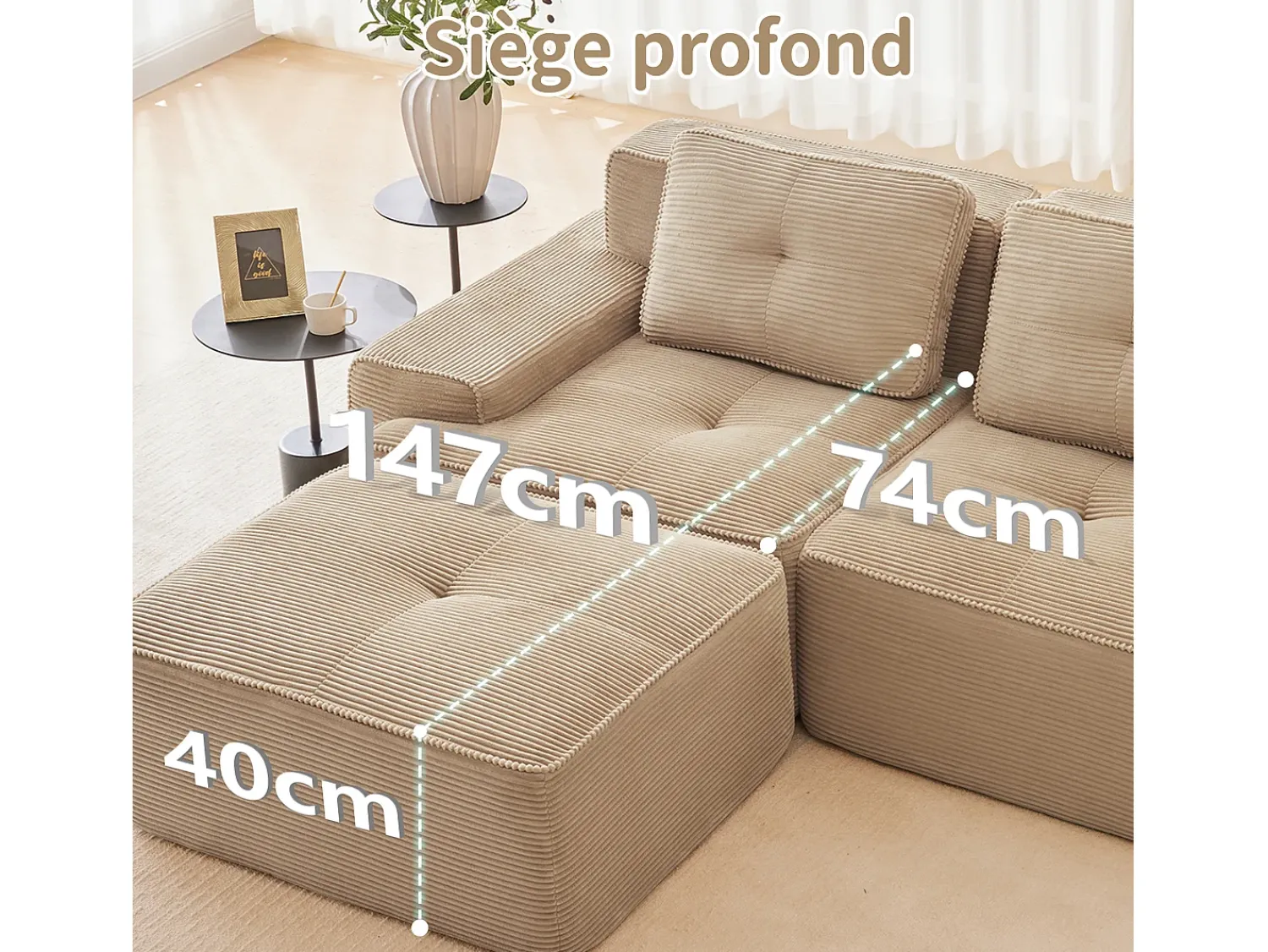 Sofá|DripeX Sofá Modular 4 lugares em Veludo cotelê, com puff e 4 almofadas, 382x177x69cm, Bege