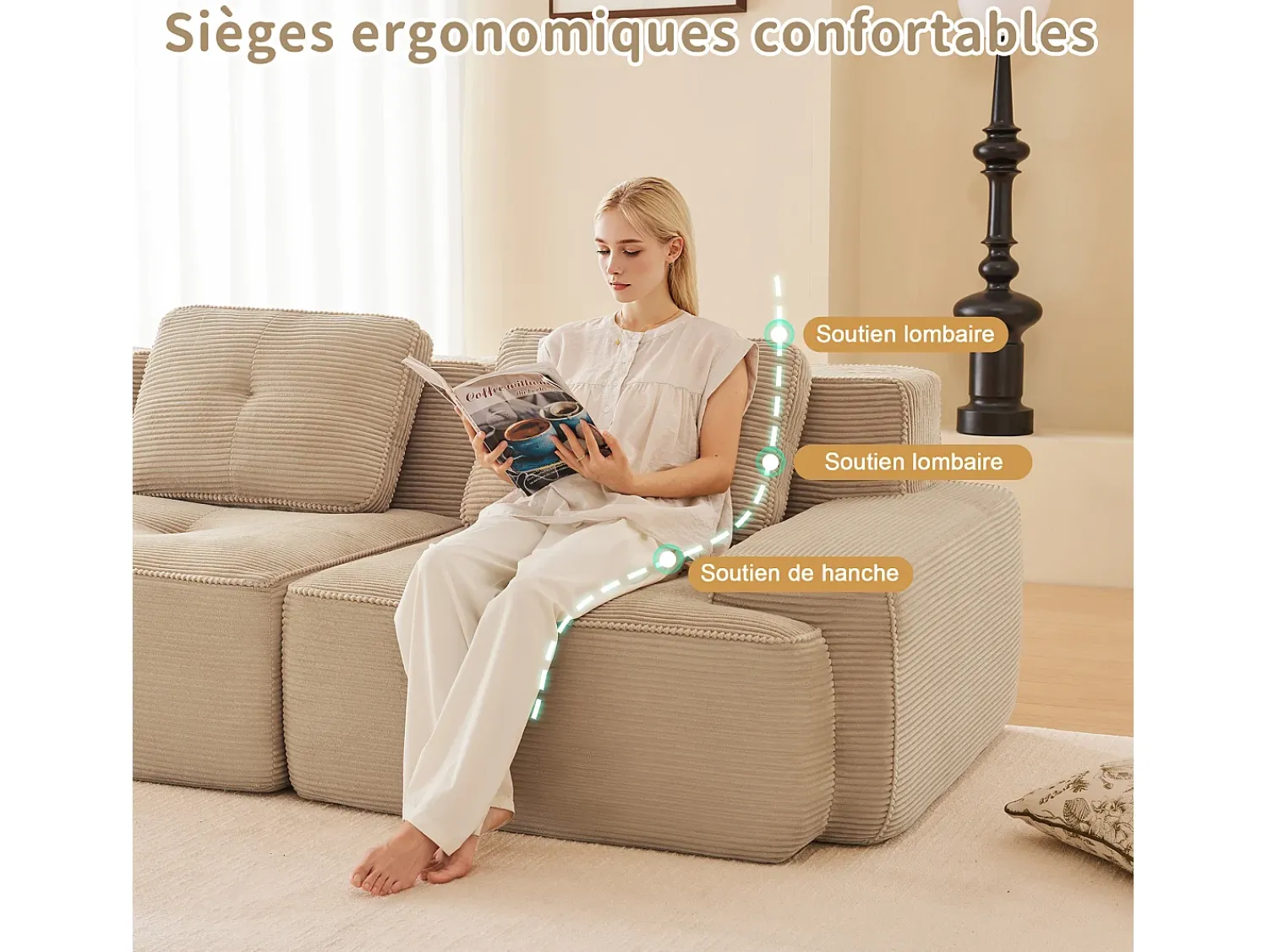 Sofá|DripeX Sofá Modular 4 lugares em Veludo cotelê, com puff e 4 almofadas, 382x177x69cm, Bege
