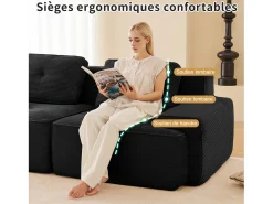 Sofá*DripeX Sofá Modular 4 lugares em Veludo cotelê, com puff e 4 almofadas, 382x177x69cm, Preto