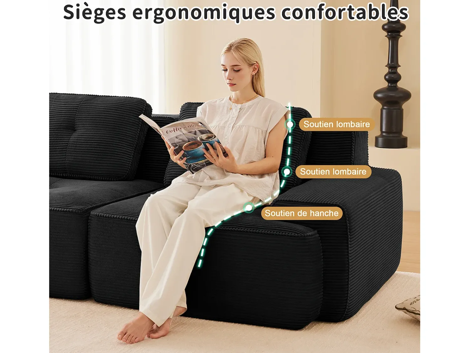 Sofá|DripeX Sofá Modular 3 lugares em Veludo cotelê, com 3 almofadas, assento extra profundo 74cm, 293x104x69cm, Preto