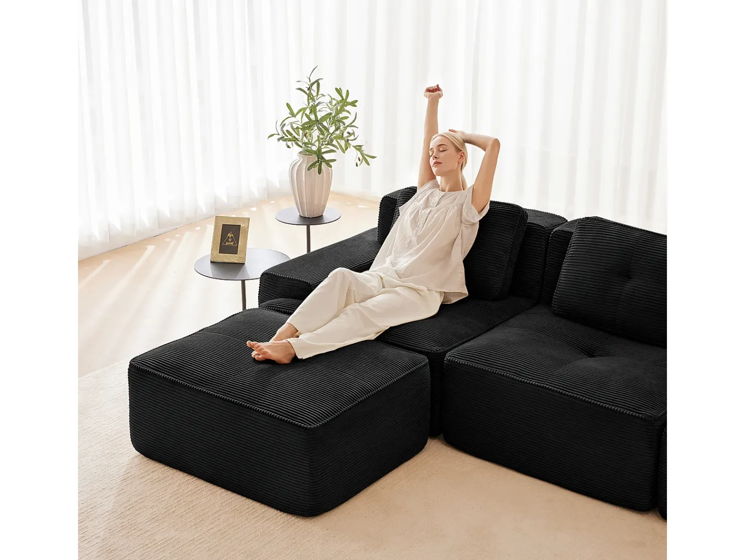 Sofá|DripeX Sofá Modular 3 lugares em Veludo cotelê, com 3 almofadas, assento extra profundo 74cm, 293x104x69cm, Preto