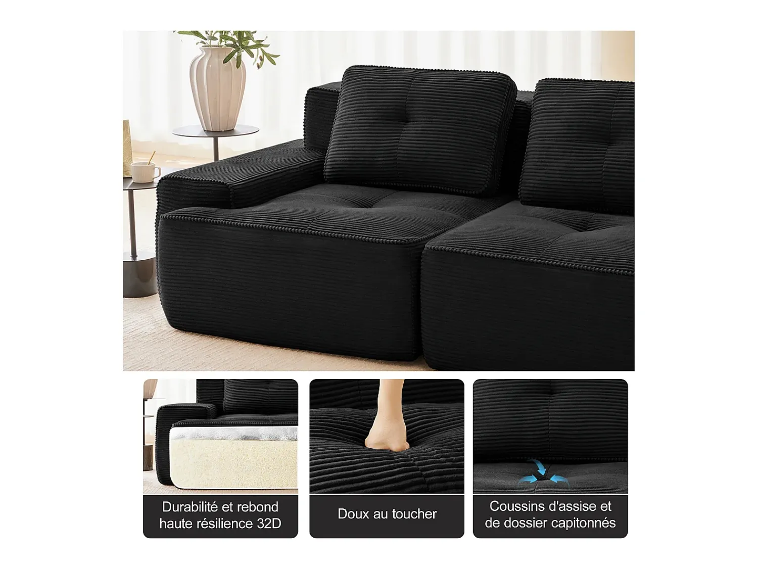Sofá|DripeX Sofá Modular 3 lugares em Veludo cotelê, com 3 almofadas, assento extra profundo 74cm, 293x104x69cm, Preto