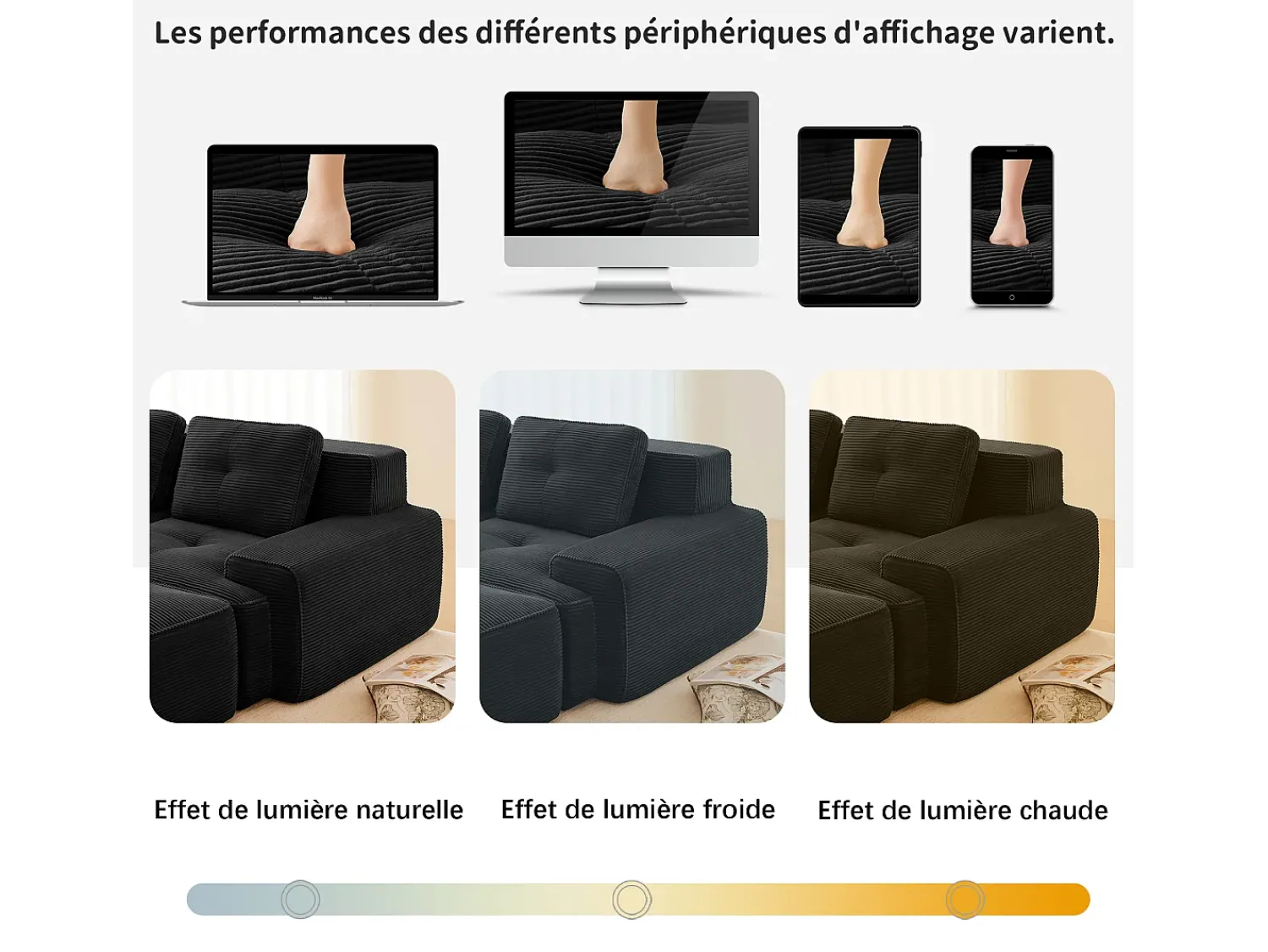 Sofá|DripeX Sofá Modular 3 lugares em Veludo cotelê, com 3 almofadas, assento extra profundo 74cm, 293x104x69cm, Preto