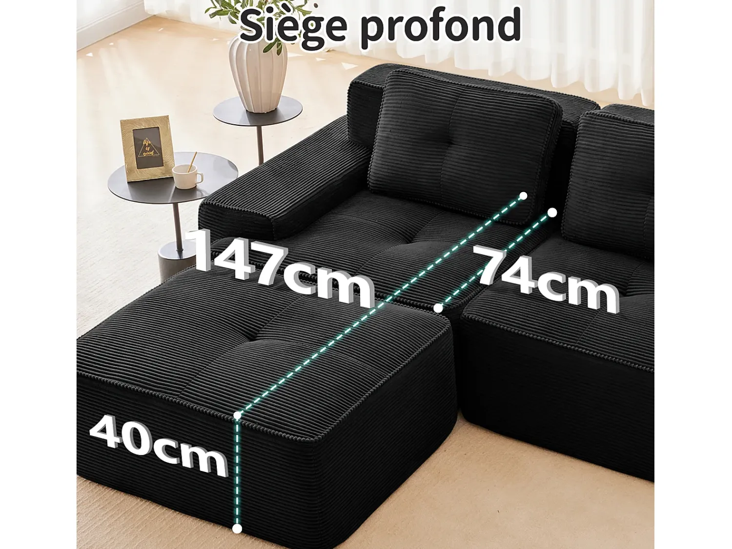 Sofá|DripeX Sofá Modular 3 lugares em Veludo cotelê, com 3 almofadas, assento extra profundo 74cm, 293x104x69cm, Preto