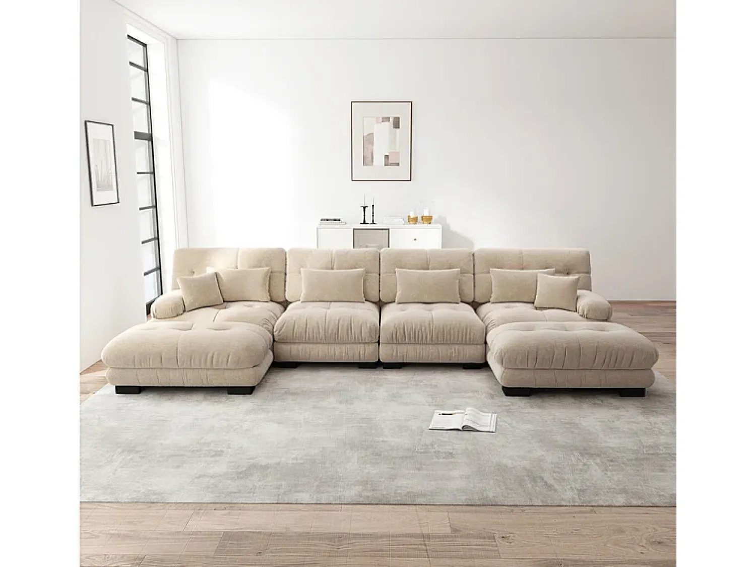 Discount DripeX Sofá modular canto 4 lugares - com 2 puff e 6 almofadas - DIY formato U/L - 406x145x81cm - Bege