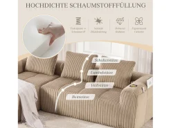 Sofá modular compacto em veludo cotelê com bolsos laterais e almofadas em cáqui - Design moderno e prático para o seu interior.^ Sofá