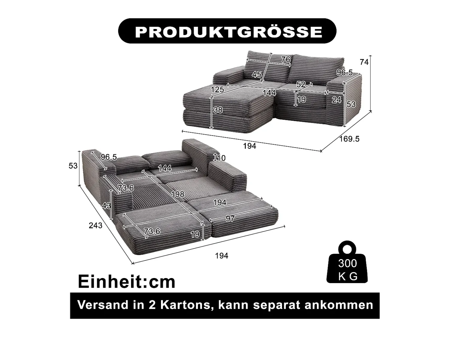 New Hauss Spole Sofá modular convertível de 2 lugares com pufes amovíveis - Veludo cotelê Cinzento