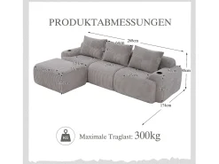 Merax Sofá modular de 3 lugares - 268 x 174 x 80 cm - com 1 pufe + porta-copos + bolso de arrumação - veludo - cinza claro^ Sofá