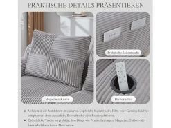 Merax Sofá modular de 3 lugares - 268 x 174 x 80 cm - com 1 pufe + porta-copos + bolso de arrumação - veludo - cinza claro^ Sofá