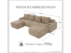 Merax Sofá modular de 4 lugares - 333 x 174 x 80 cm - com 2 pufes + porta-copos + compartimento de arrumação - veludo - cáqui^ Sofá