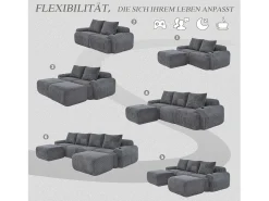 Hot Merax Sofá modular de 4 lugares - 333 x 174 x 80 cm - com 2 pufes + porta-copos + compartimento de arrumação - veludo - cinza escuro Cinzento