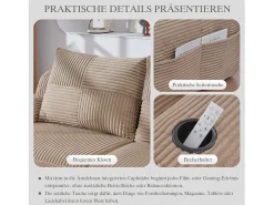 Sofá*Merax Sofá modular de 2 lugares - 200 x 174 x 80 cm - com 1 pufe + porta-copos + bolso de arrumação - veludo - cáqui Caqui