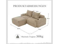 Sofá*Merax Sofá modular de 2 lugares - 200 x 174 x 80 cm - com 1 pufe + porta-copos + bolso de arrumação - veludo - cáqui Caqui