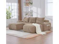 Sofá|Merax Sofá modular de 3 lugares - 268 x 174 x 80 cm - com 2 pufes + porta-copos + bolso de arrumação - veludo - cáqui Caqui
