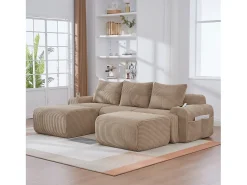 Sofá|Merax Sofá modular de 3 lugares - 268 x 174 x 80 cm - com 2 pufes + porta-copos + bolso de arrumação - veludo - cáqui Caqui