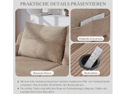 Sofá|Merax Sofá modular de 3 lugares - 268 x 174 x 80 cm - com 2 pufes + porta-copos + bolso de arrumação - veludo - cáqui Caqui